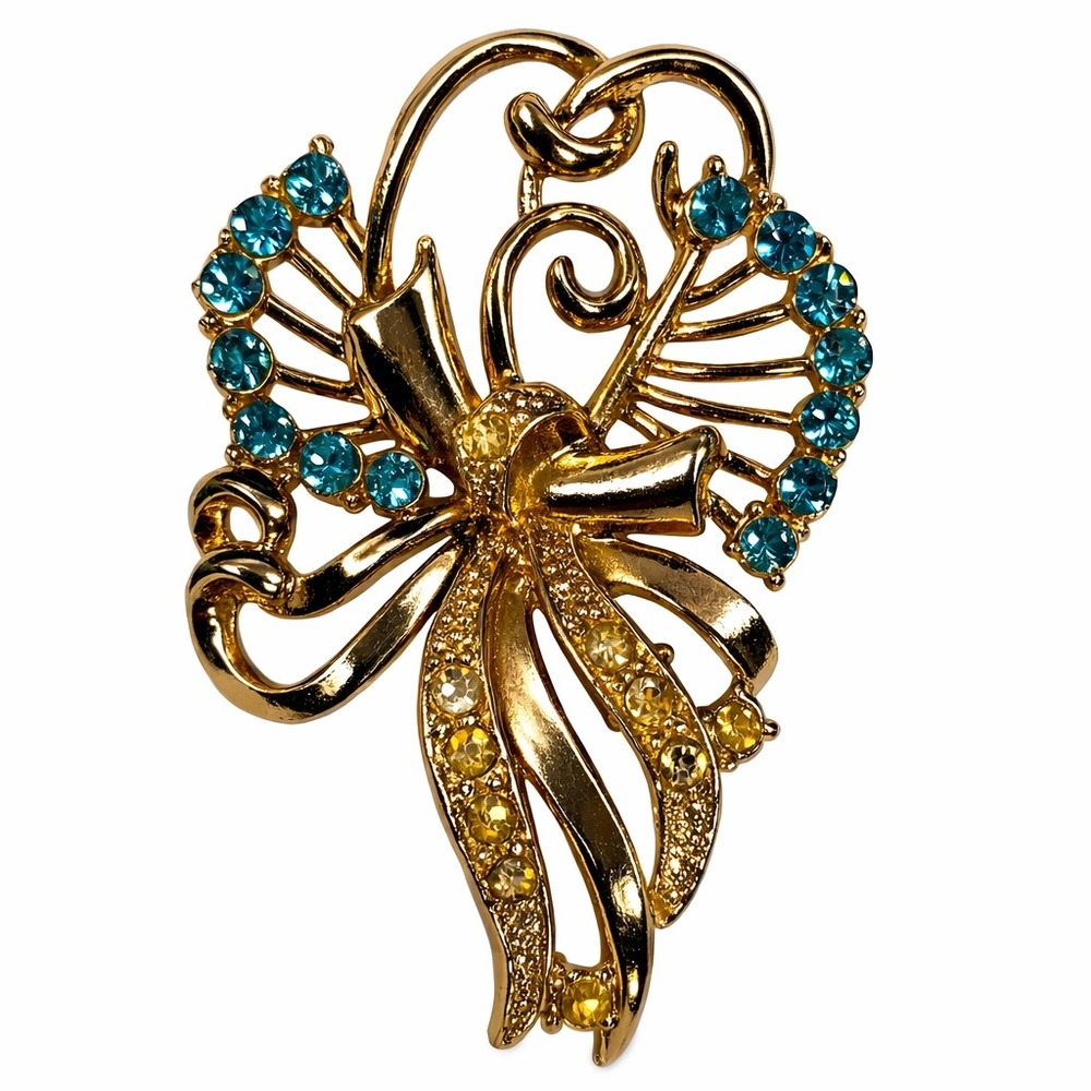 Vintage Gold Tone Bow Brooch Turquoise‎ and Yellow Rhinestone Ribbon Pin